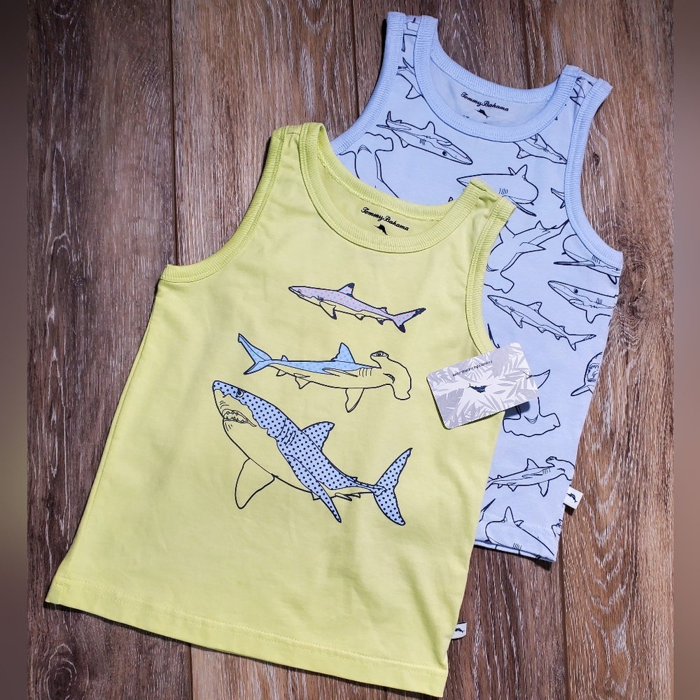 Tommy Bahama Shark Print Kids Tank Top Set- Green and Blue Size 3T